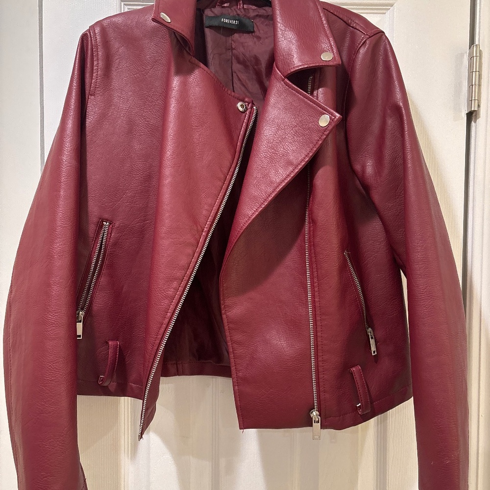 Ladies’ Forever 21 biker jacket in dark red imitation leather